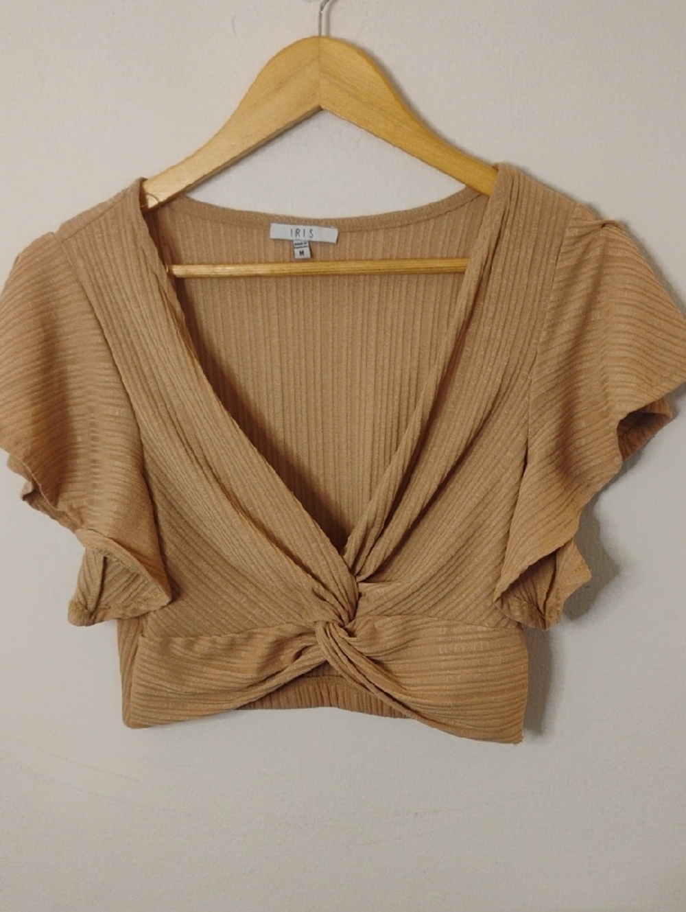iris Ribbed Knot-Front Crop Top in Beige/Tan Medium